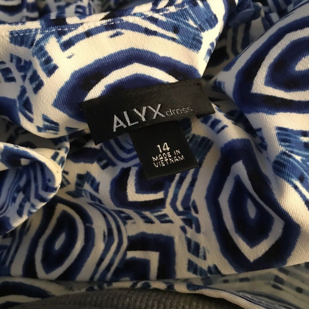 Alyx Dress blue/white Geometric sheath dress 14 Zip Back Polyester Spandex G2 - Picture 4 of 6